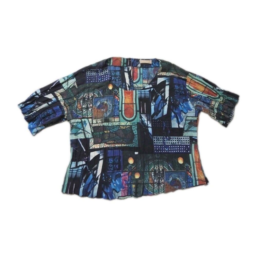 VTG Majorette Abstract Art Print Sheer Blouse XL Button Back 3/4 Sleeve Top GUC